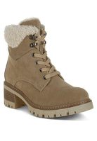Rag Company chunky heel winter boots for women in tan with soft fur lining and lace-up design