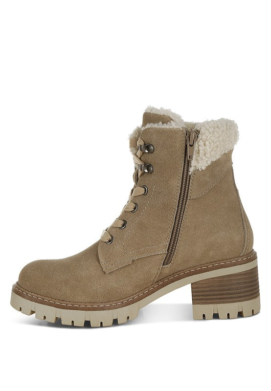 Rag Company chunky heel winter boots for women in tan with fur lining and side zipper