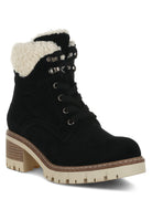 Rag Company's black chunky heel winter boots for women with faux fur lining and lace-up design
