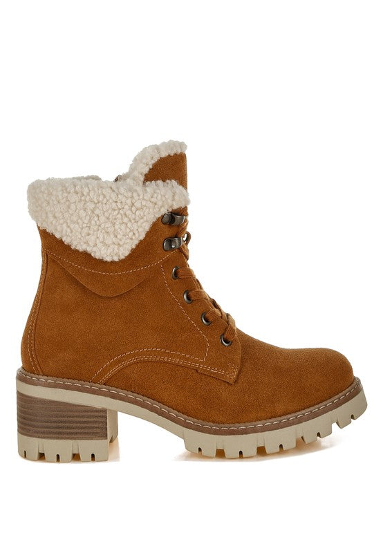 Rag Company chunky heel winter boots for women with faux fur collar and durable sole for style and comfort