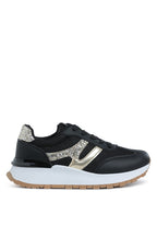 Women’s black chunky lifestyle sneakers with gold accents for casual wear