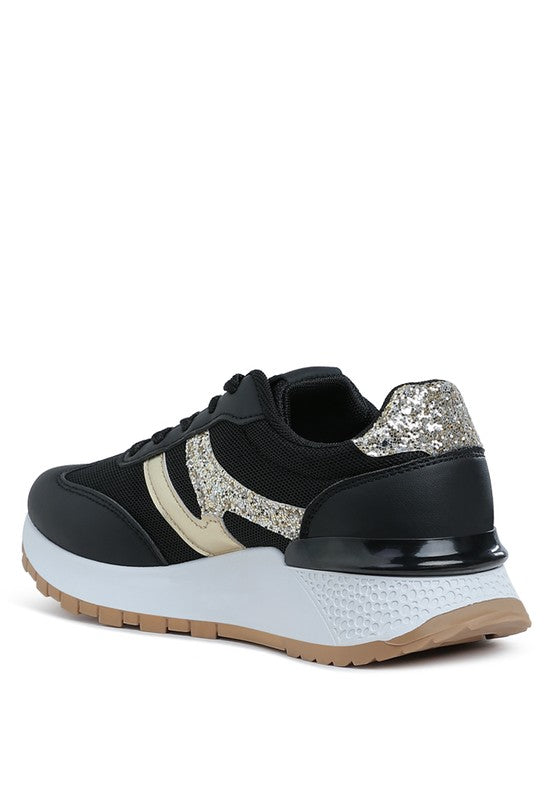 Women's black chunky lifestyle sneakers with glitter accents for stylish comfort
