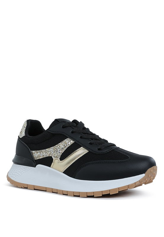 Rag Company women's chunky lifestyle sneakers in black and gold for casual wear