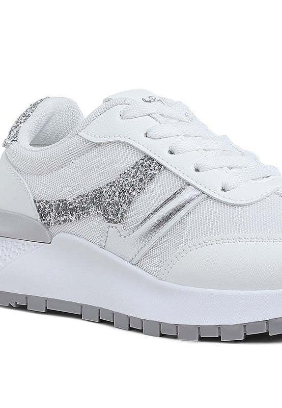 Women's white chunky lifestyle sneakers with glitter accents for casual wear