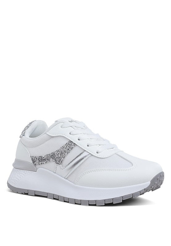 Women's white chunky lifestyle sneakers with silver accents for casual wear