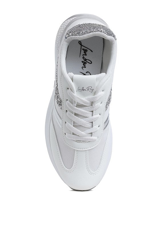 Women's white chunky lifestyle sneakers with silver accents for casual wear