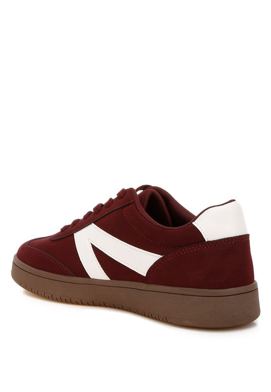 Rag Company women's chunky patchwork sneakers men in burgundy and white