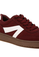 Rag Company women's chunky patchwork sneakers men in burgundy with white accents