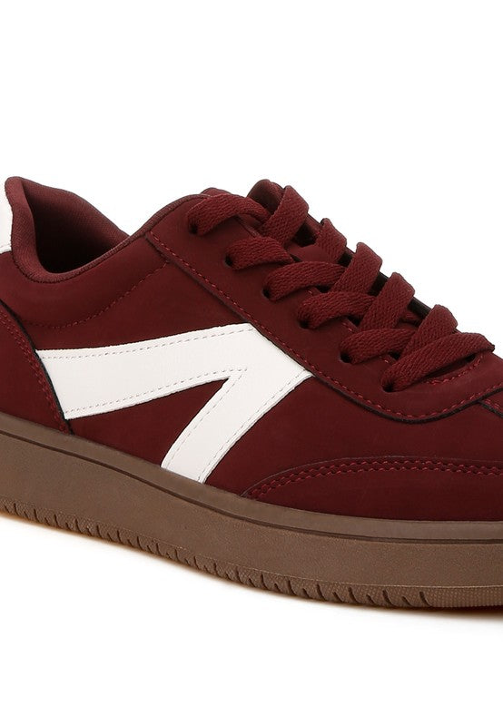 Rag Company women's chunky patchwork sneakers men in burgundy with white accents
