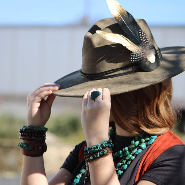 Chunky turquoise bracelet worn with stacked accessories and a stylish hat for a trendy look
