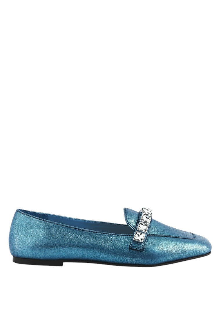Churros Green Metallic Diamante Leather Loafers