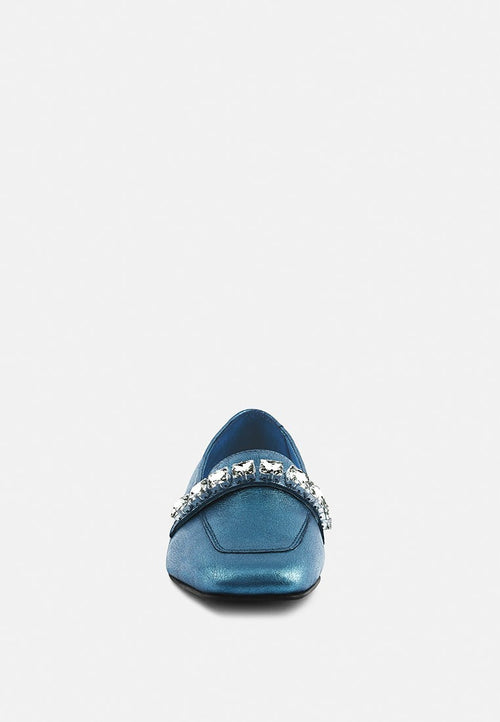Mocassins Churros en cuir métallique vert avec diamants
