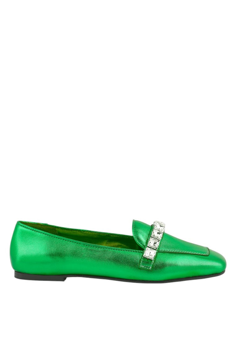 Churros Green Metallic Diamante Leather Loafers