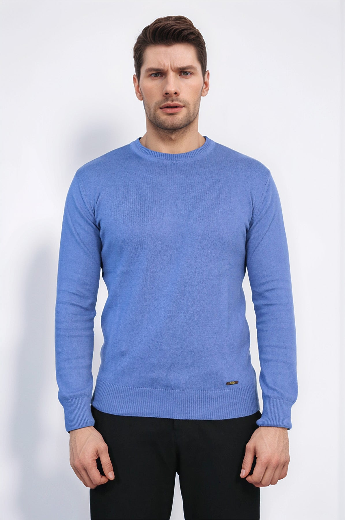 Circle Neck Blue Knitwear by Wessi – styled view