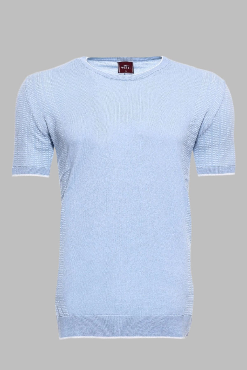 Circle Neck Patterned Blue Knitted T-Shirt – front view