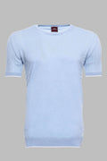 Circle Neck Patterned Blue Knitted T-Shirt – front view