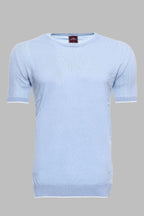 Circle Neck Patterned Blue Knitted T-Shirt – front view