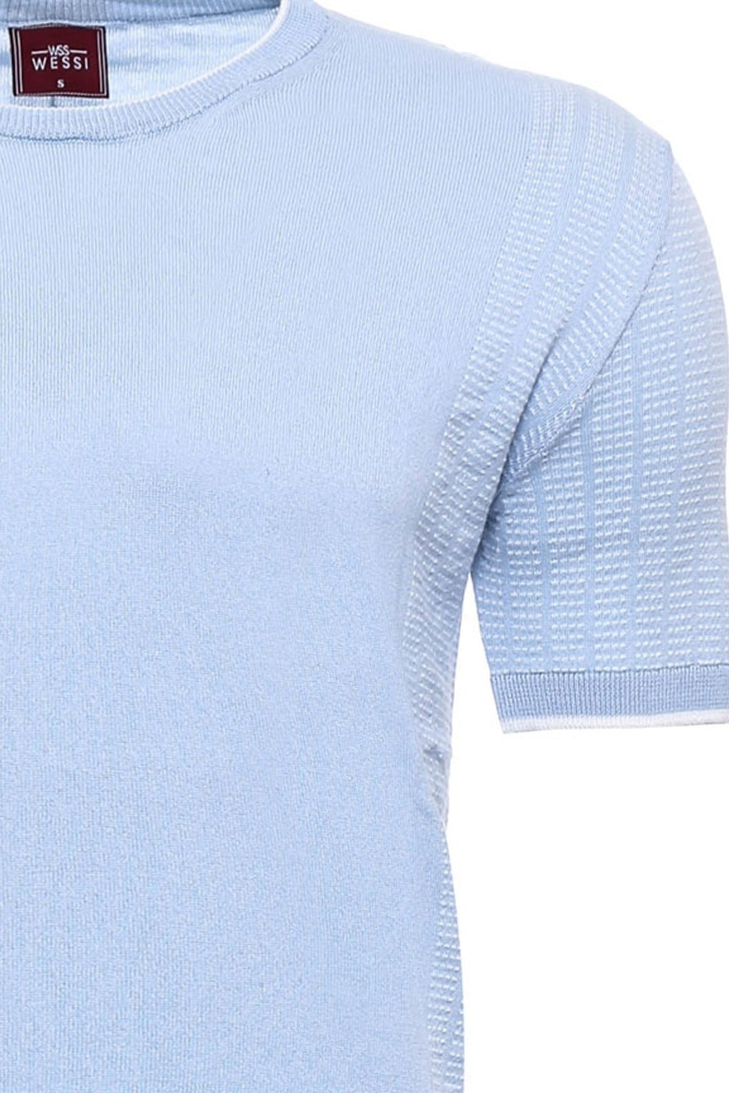 Circle Neck Patterned Blue Knitted T-Shirt – detail view
