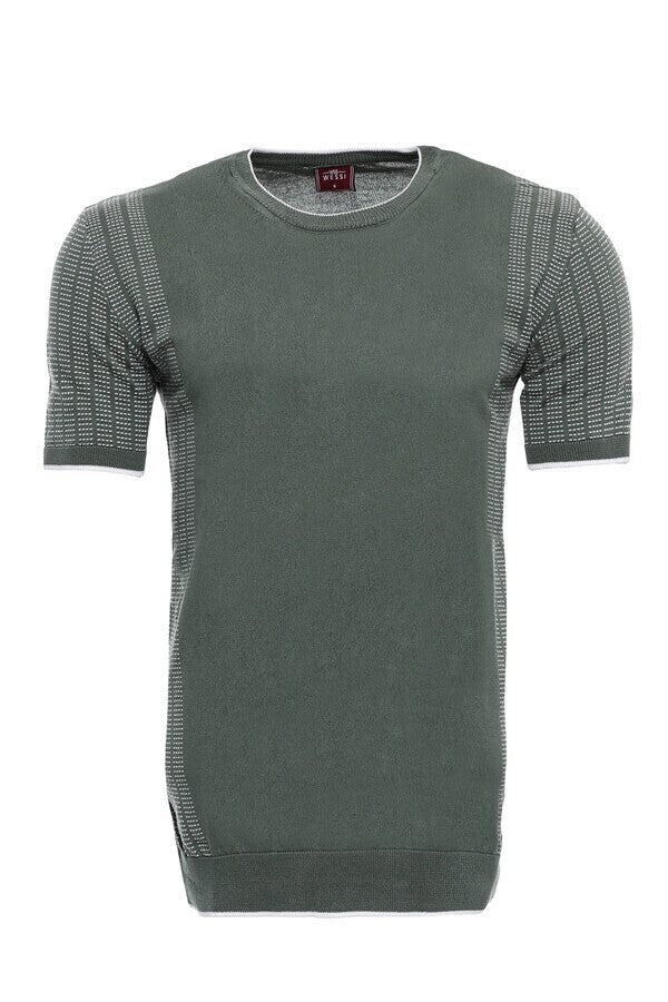 Circle Neck Patterned Green Knitted T-Shirt – side view