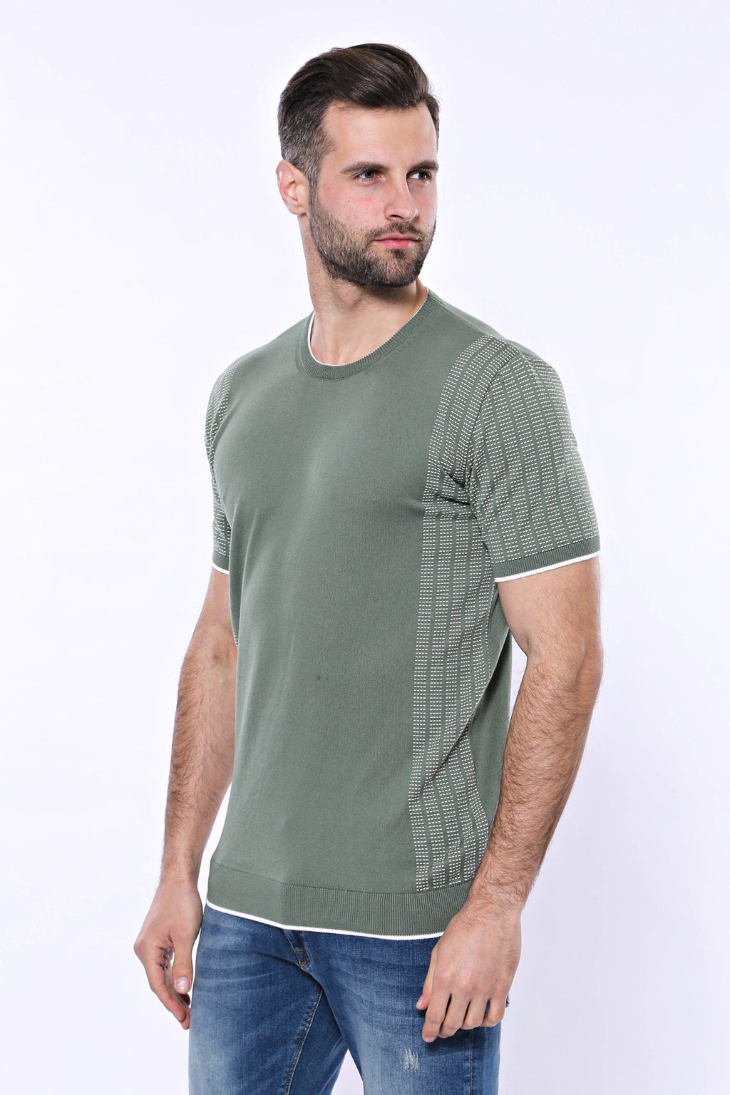 Circle Neck Patterned Green Knitted T-Shirt – styled view