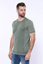 Circle Neck Patterned Green Knitted T-Shirt – styled view