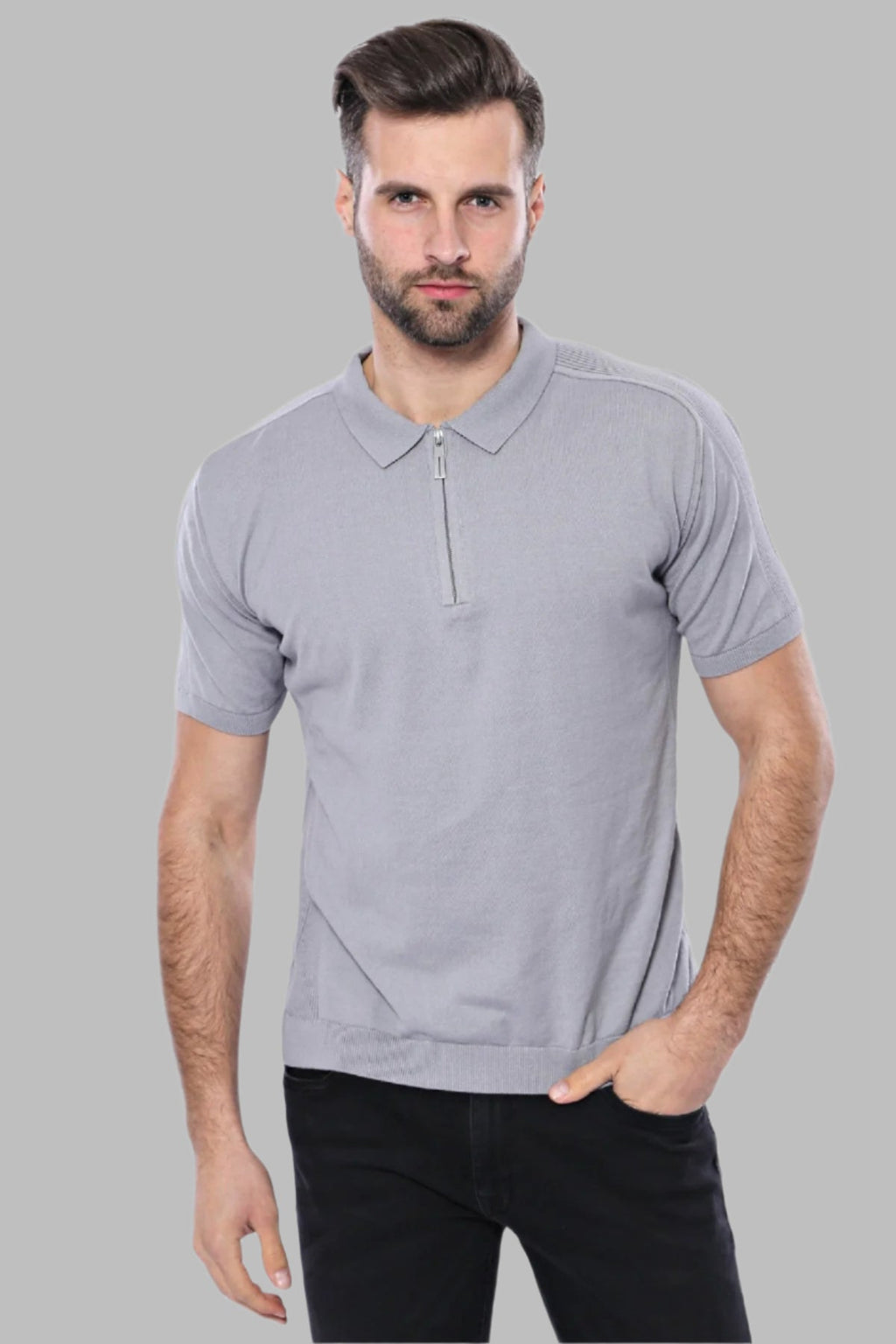 Circle Neck Patterned Grey Knitted T-Shirt – front view
