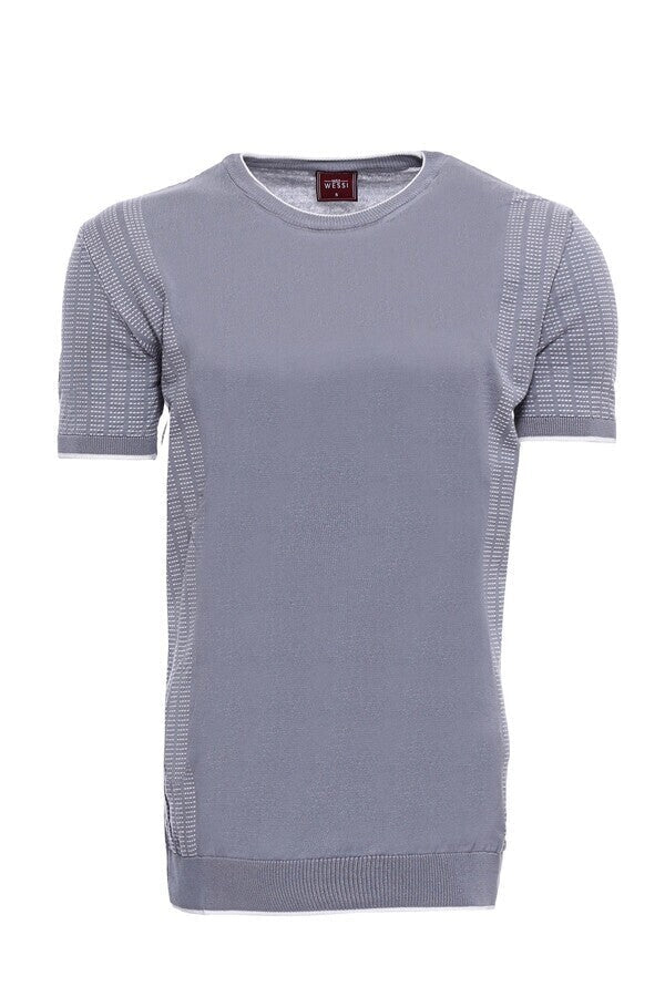 Circle Neck Patterned Grey Knitted T-Shirt – side view