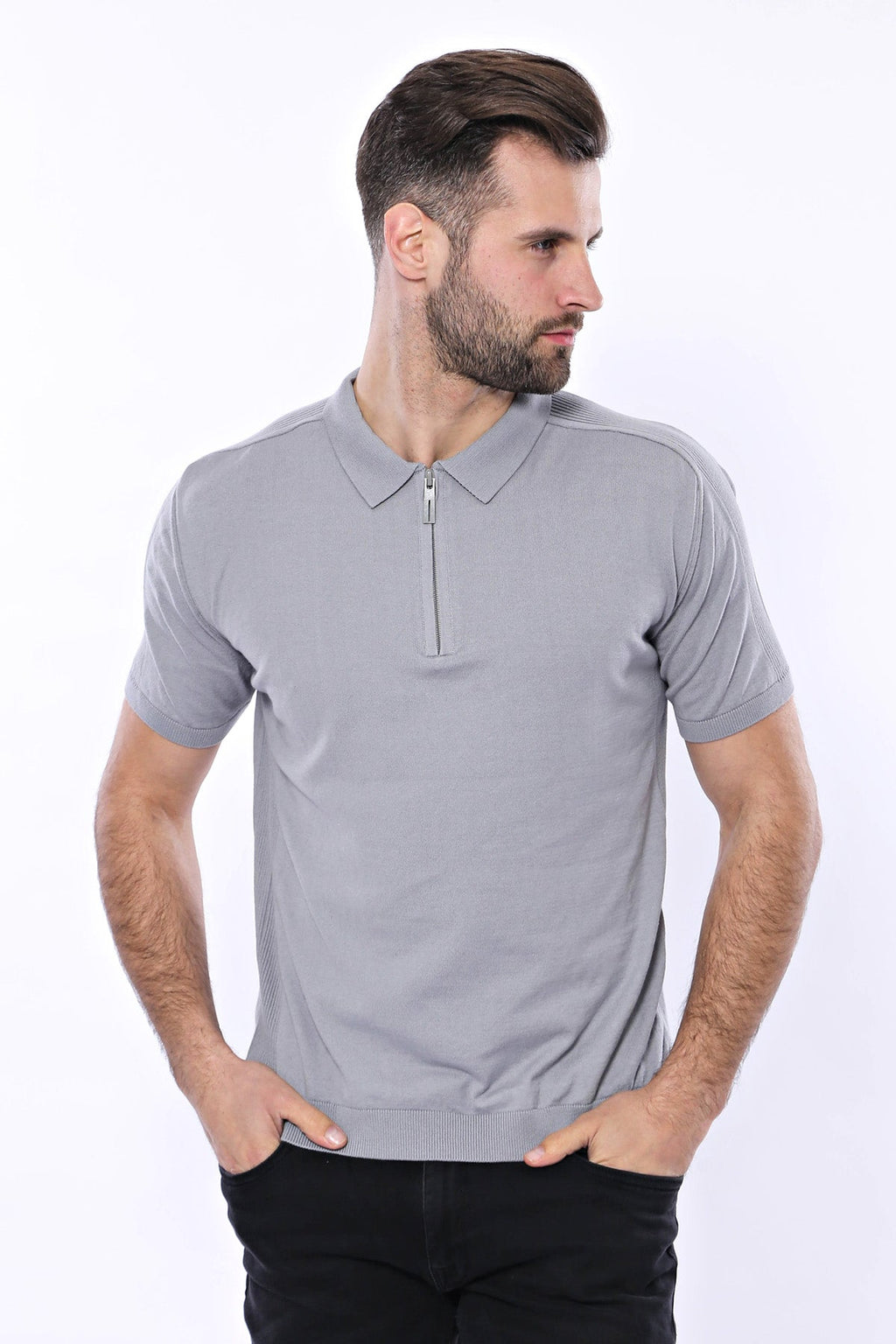 Circle Neck Patterned Grey Knitted T-Shirt – styled view
