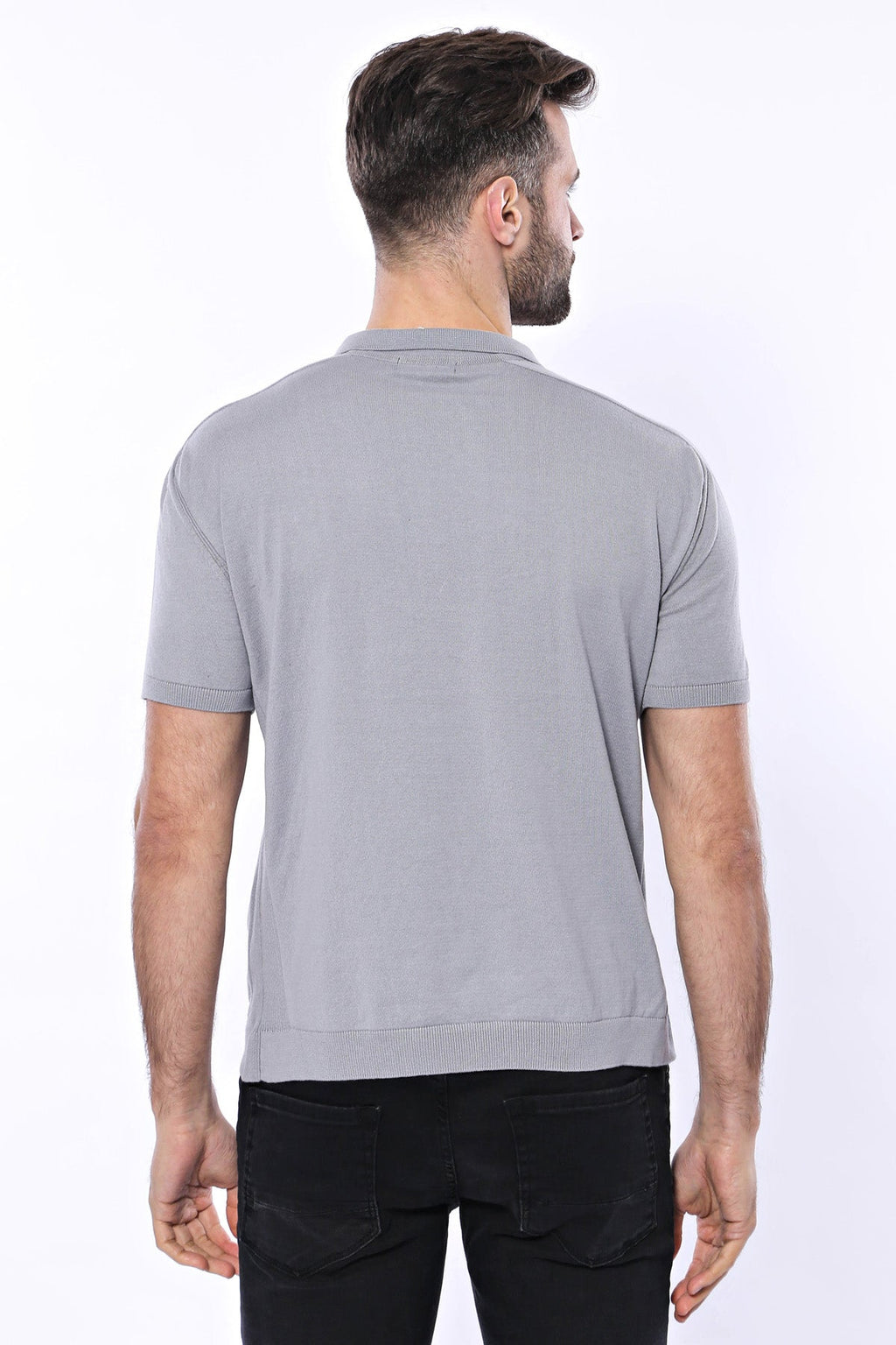 Circle Neck Patterned Grey Knitted T-Shirt – close up view
