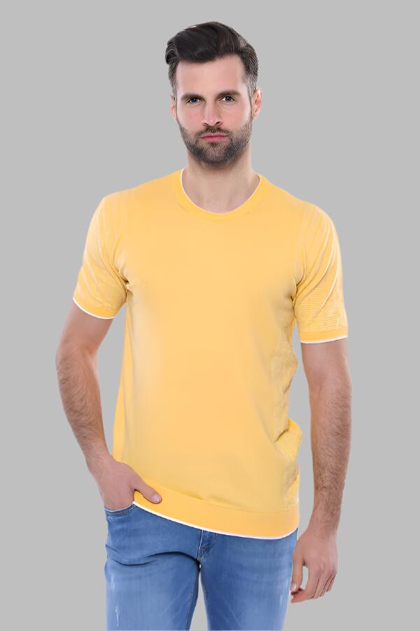 Circle Neck Patterned Yellow Knitted T-Shirt – front view