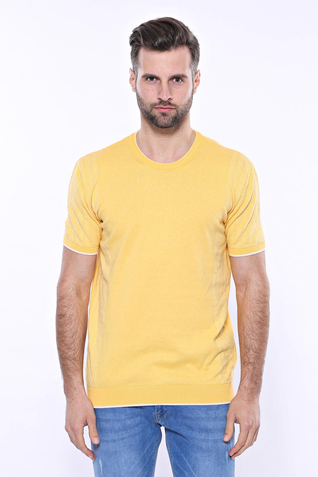 Circle Neck Patterned Yellow Knitted T-Shirt – side view