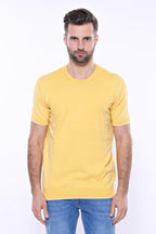 Circle Neck Patterned Yellow Knitted T-Shirt – side view