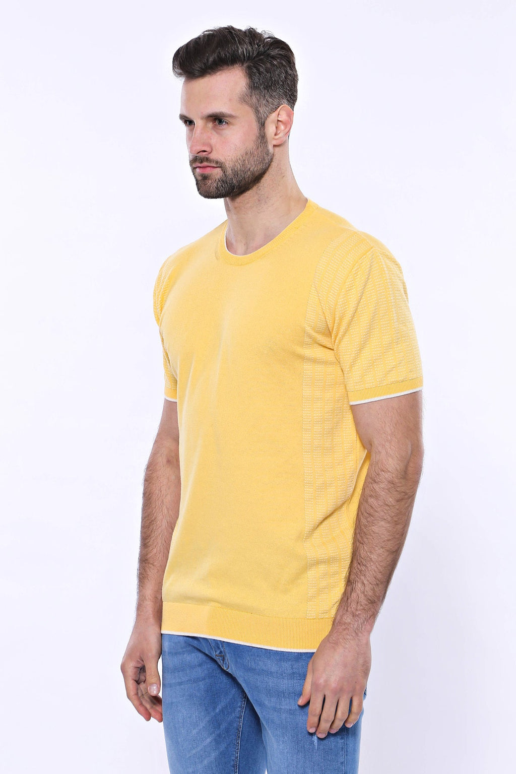Circle Neck Patterned Yellow Knitted T-Shirt – styled view