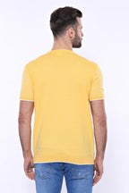 Circle Neck Patterned Yellow Knitted T-Shirt – close up view