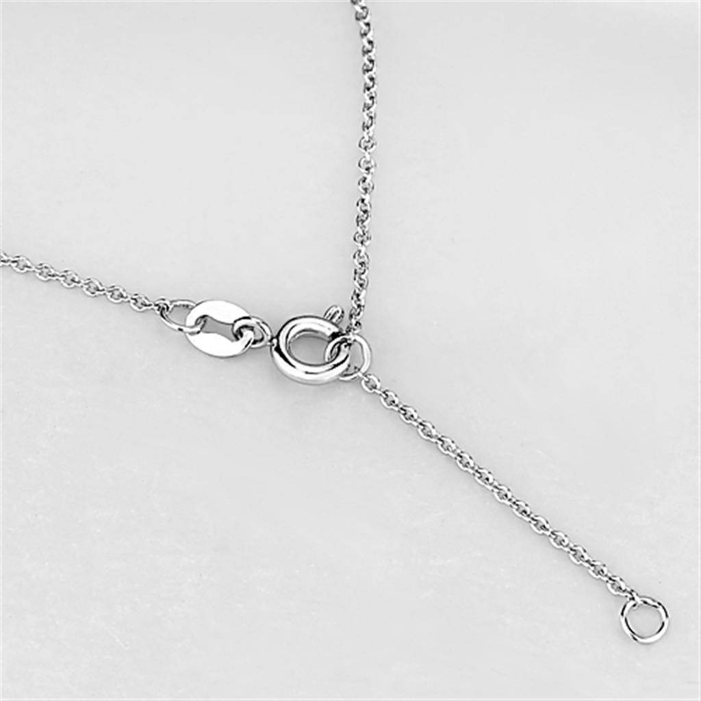 Close-up of a circle pendant rhodium necklace featuring a secure clasp and delicate chain