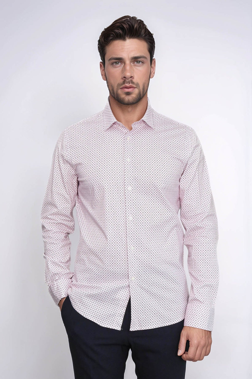 Claret Red Tiny Check Patterned Slim Fit Men Shirt – front view