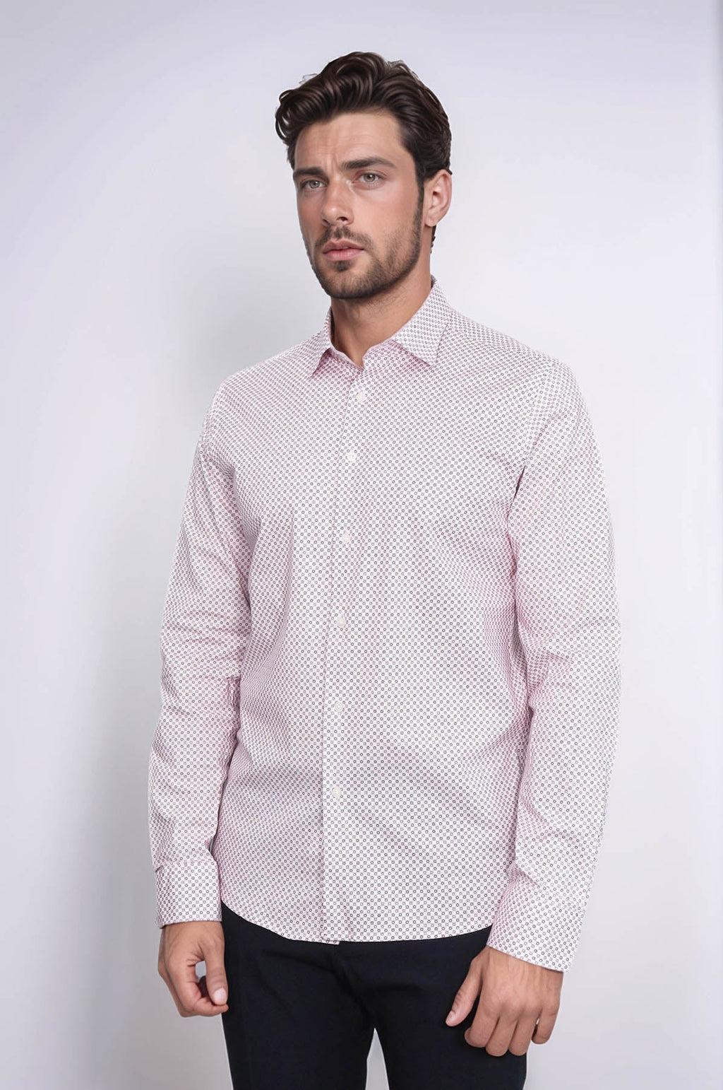 Claret Red Tiny Check Patterned Slim Fit Men Shirt – styled view