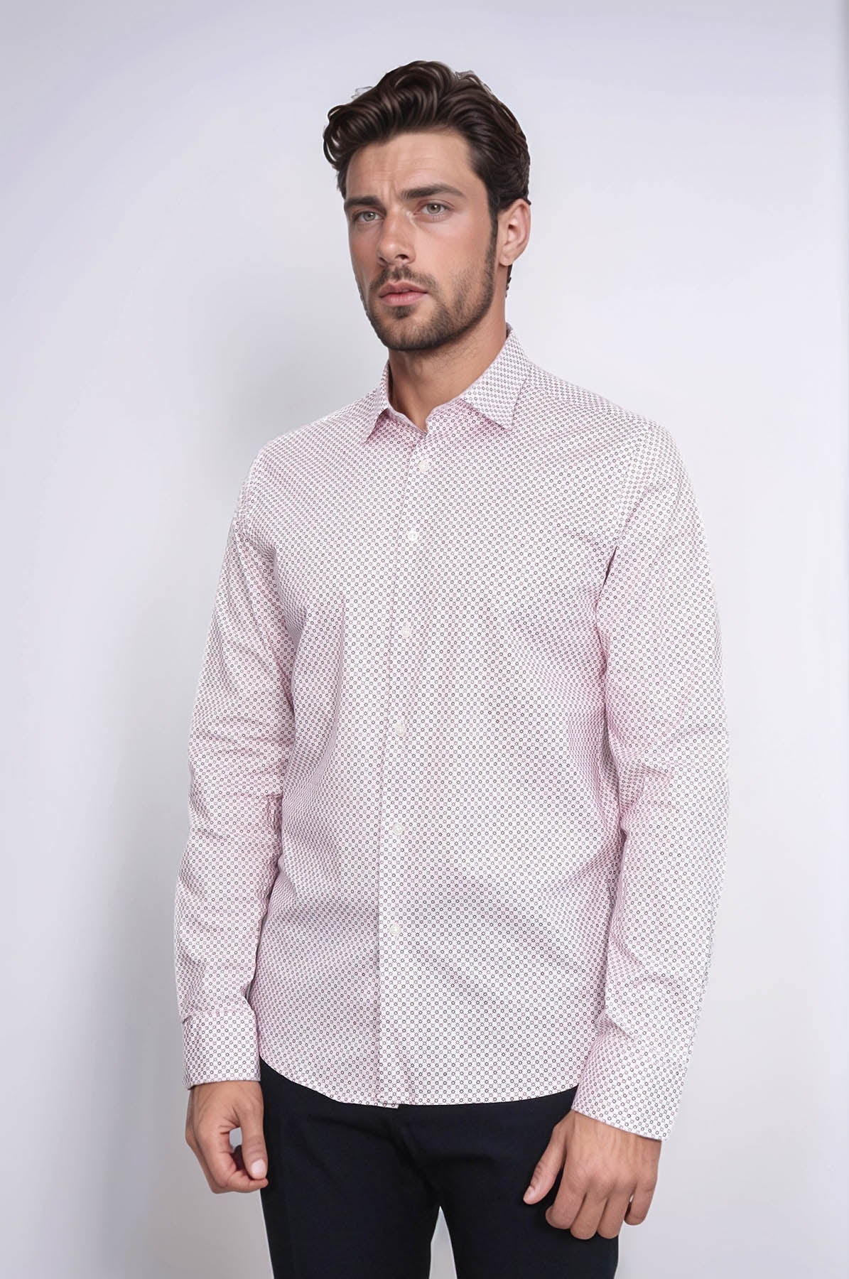 Claret Red Tiny Check Patterned Slim Fit Men Shirt – styled view