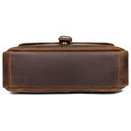 Bottom view of a classic shoulder bag for men in rich brown leather with durable stitching