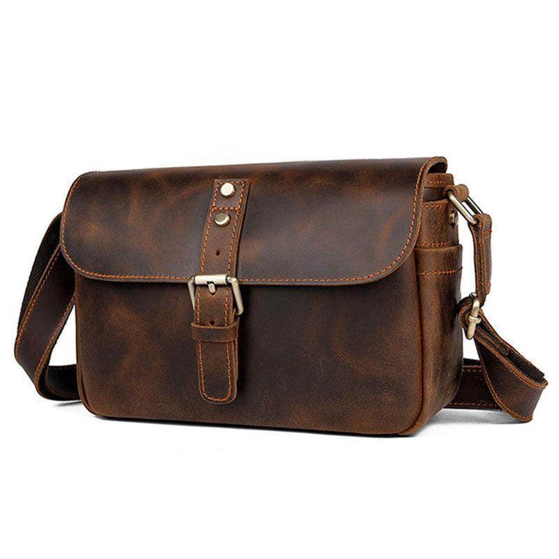 Brown leather classic shoulder bag for men with adjustable strap and buckle closure for stylish everyday use