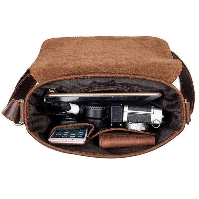 Classic shoulder bag for men featuring a spacious interior for cameras, phones, and accessories