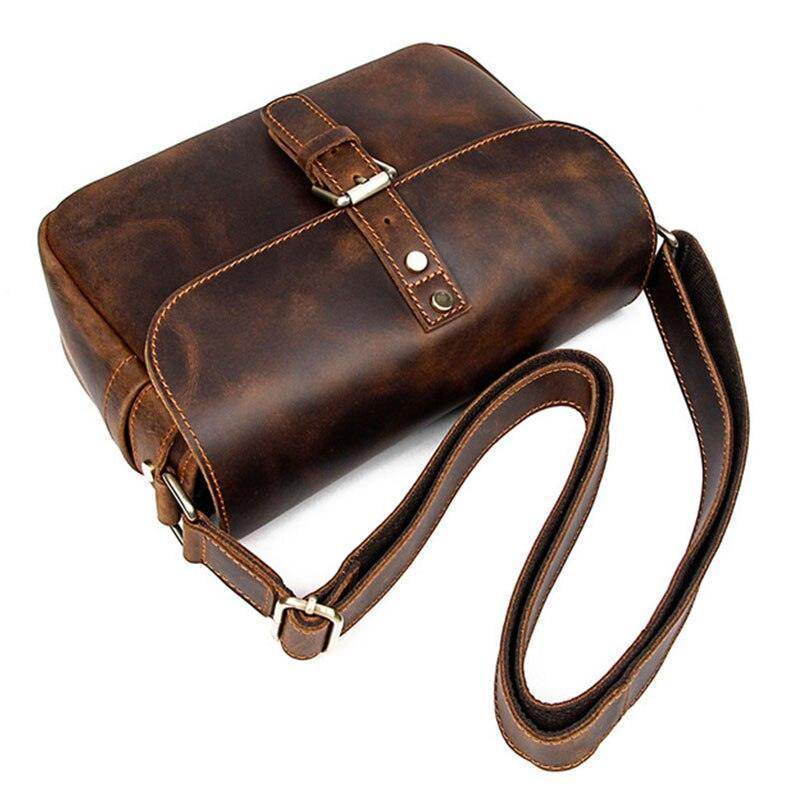 Vintage brown leather classic shoulder bag for men with adjustable strap and secure buckle closure