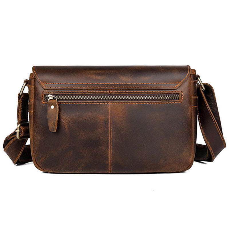 Brown leather classic shoulder bag for men with adjustable strap and front zipper pocket