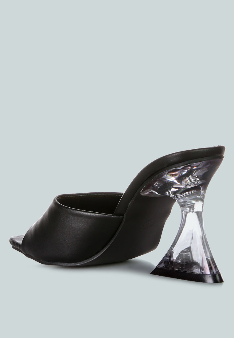 Stylish black clear spool heel sandals with unique transparent heel design for modern fashion lovers