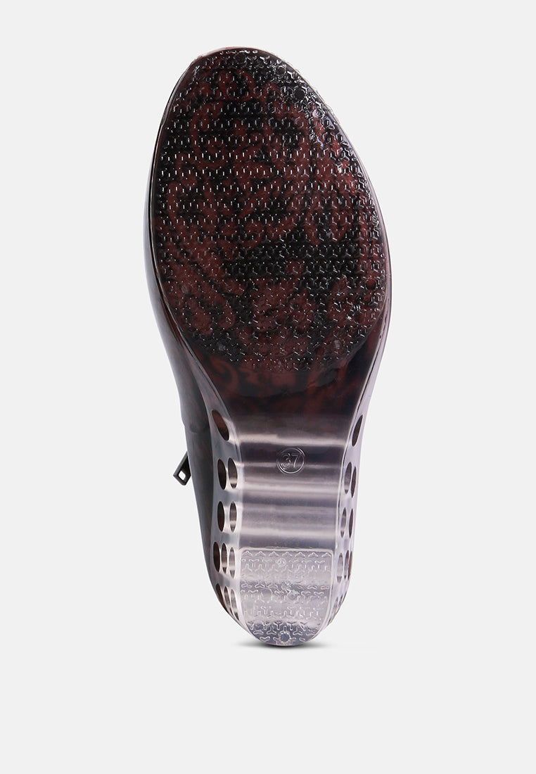 Sole of clear wedge rain boots featuring a textured design for enhanced grip and comfort in wet conditions