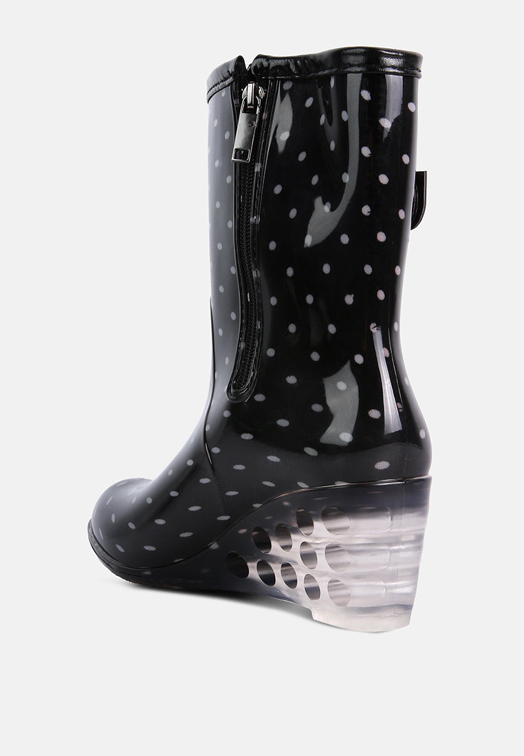 Black polka dot clear wedge rain boots with a stylish zipper for women's fashion
