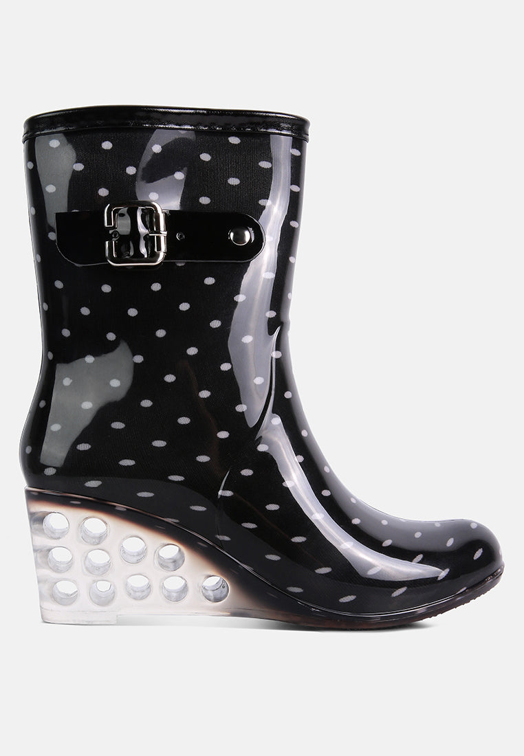 Black polka dot clear wedge rain boots with stylish buckle detail for women's fashion