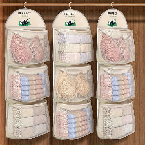 Closet hanging organizer in clear mesh for socks and accessories