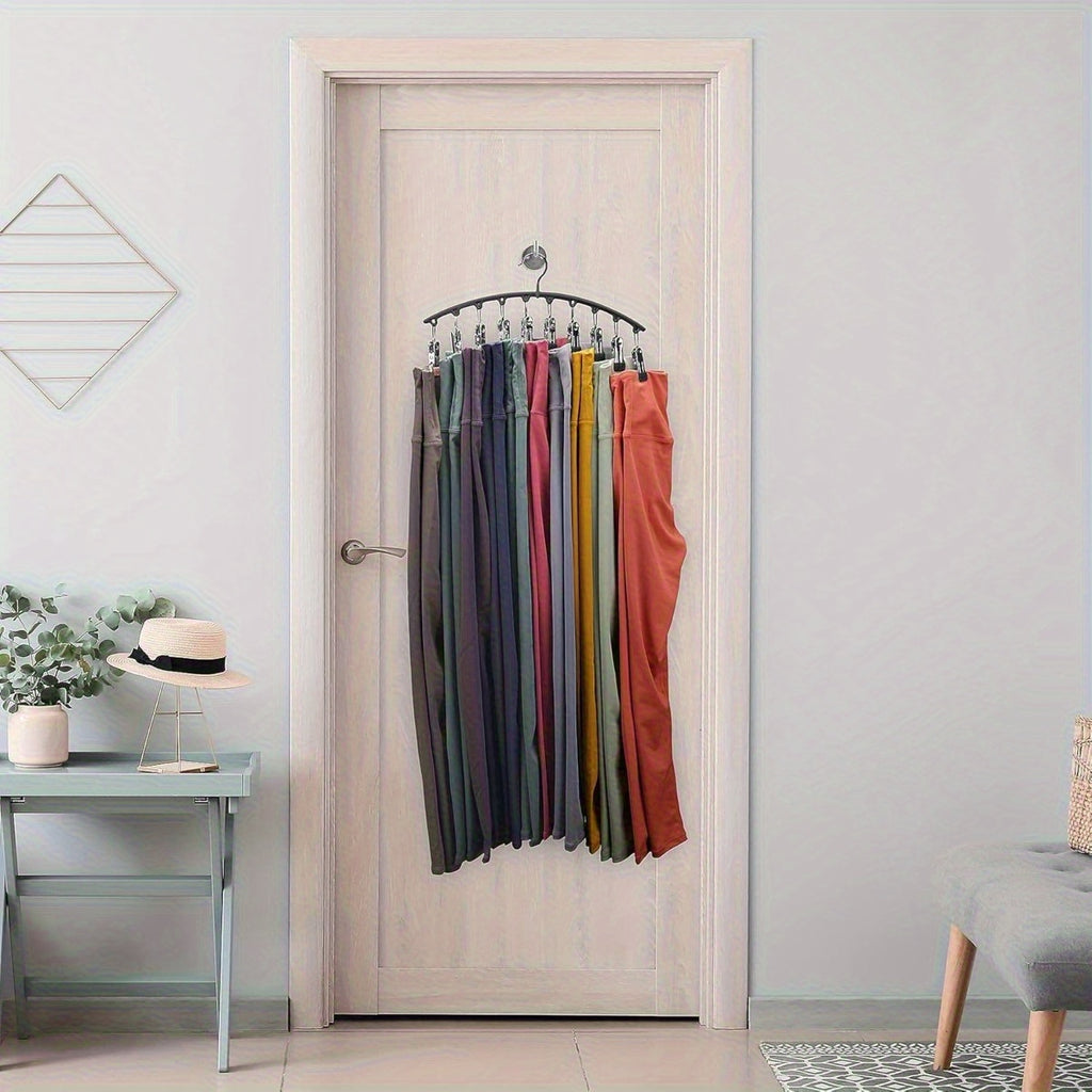 Colorful closet organizer with hanging pants for space-saving storage