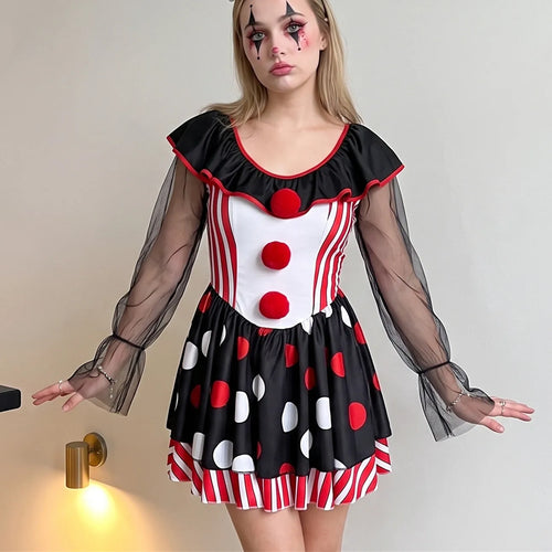 Red and black clown costume with polka dots for Halloween fun